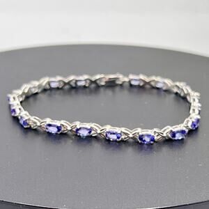 Sterling Silver Rhodium Plated Oval Purple XO Tanzanite Tennis Bracelet  7”